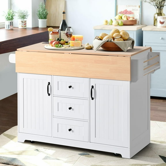 Glavbiku 55.7" Kitchen Island Cart on Wheel with 2 Drop Leaf,Power Outlet,3 Drawer for Kitchen White