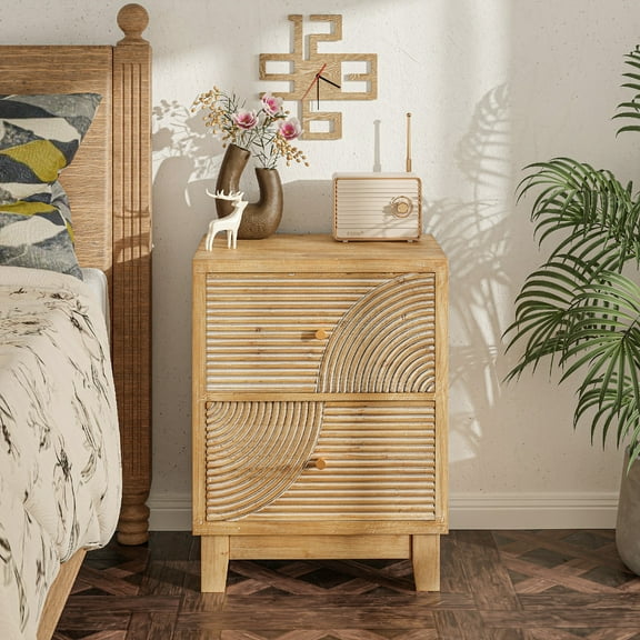 Open Box COZAYH Farmhouse 2Drawer Nightstand with Handcrafted Wood Ring Pattern