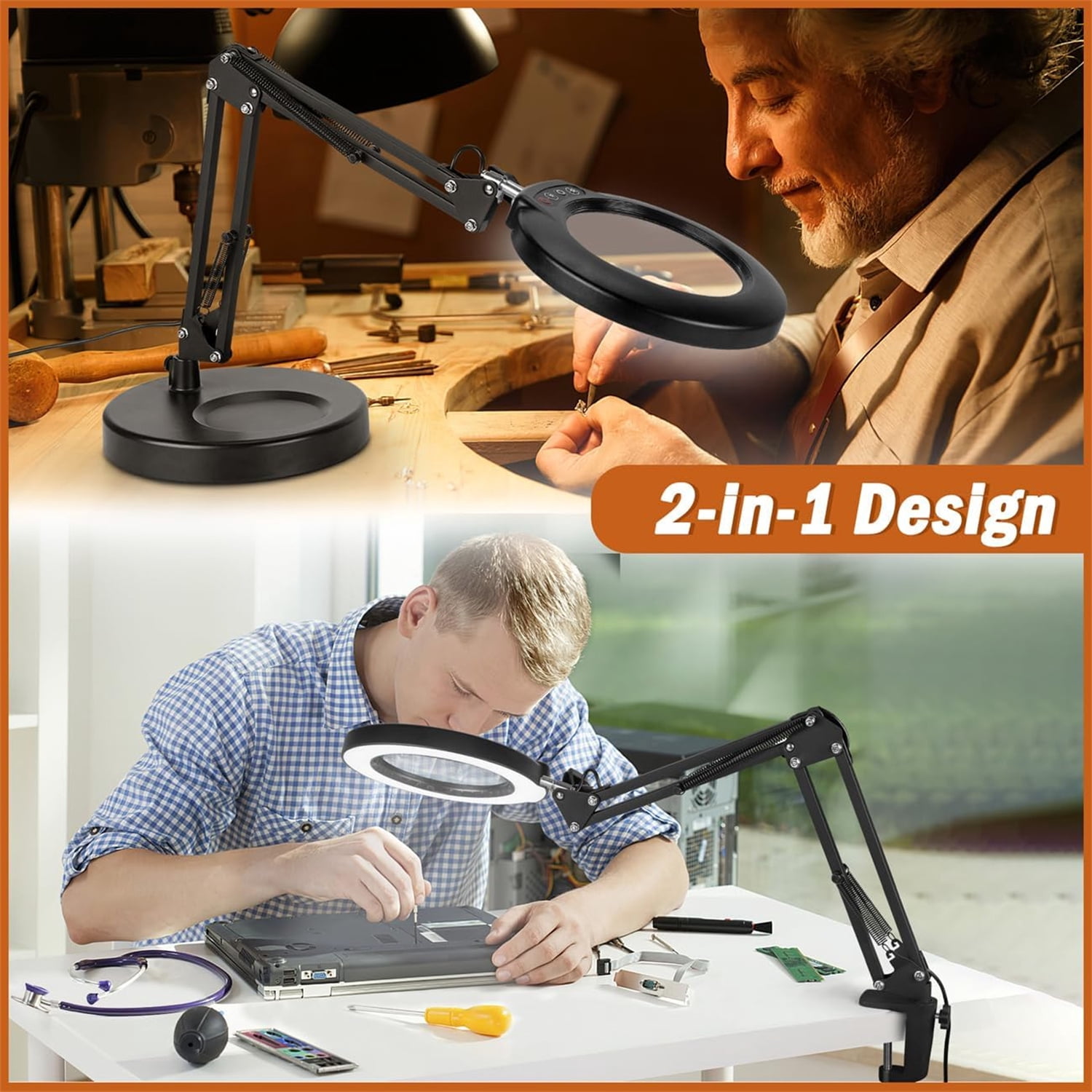 Magnifying Glass with Light, 5 Color Modes Stepless Dimmable 2 in 1 Desk Lamp and Clamp, LED Lighted Magnifier with Light and Stand, Hands Free for Craft Repair Hobby Painting Close Work
