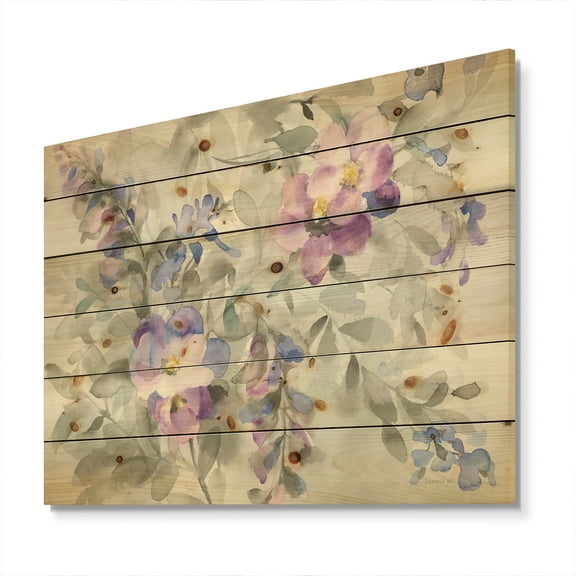Designart 'Garden Dreams Purple Pink Flowers' Traditional Print on Natural Pine Wood