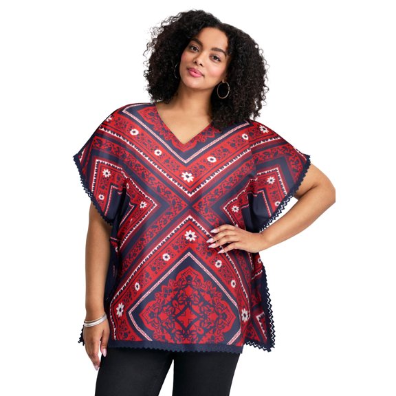 Avenue Women's Plus Size Crochet Trim Poncho Top