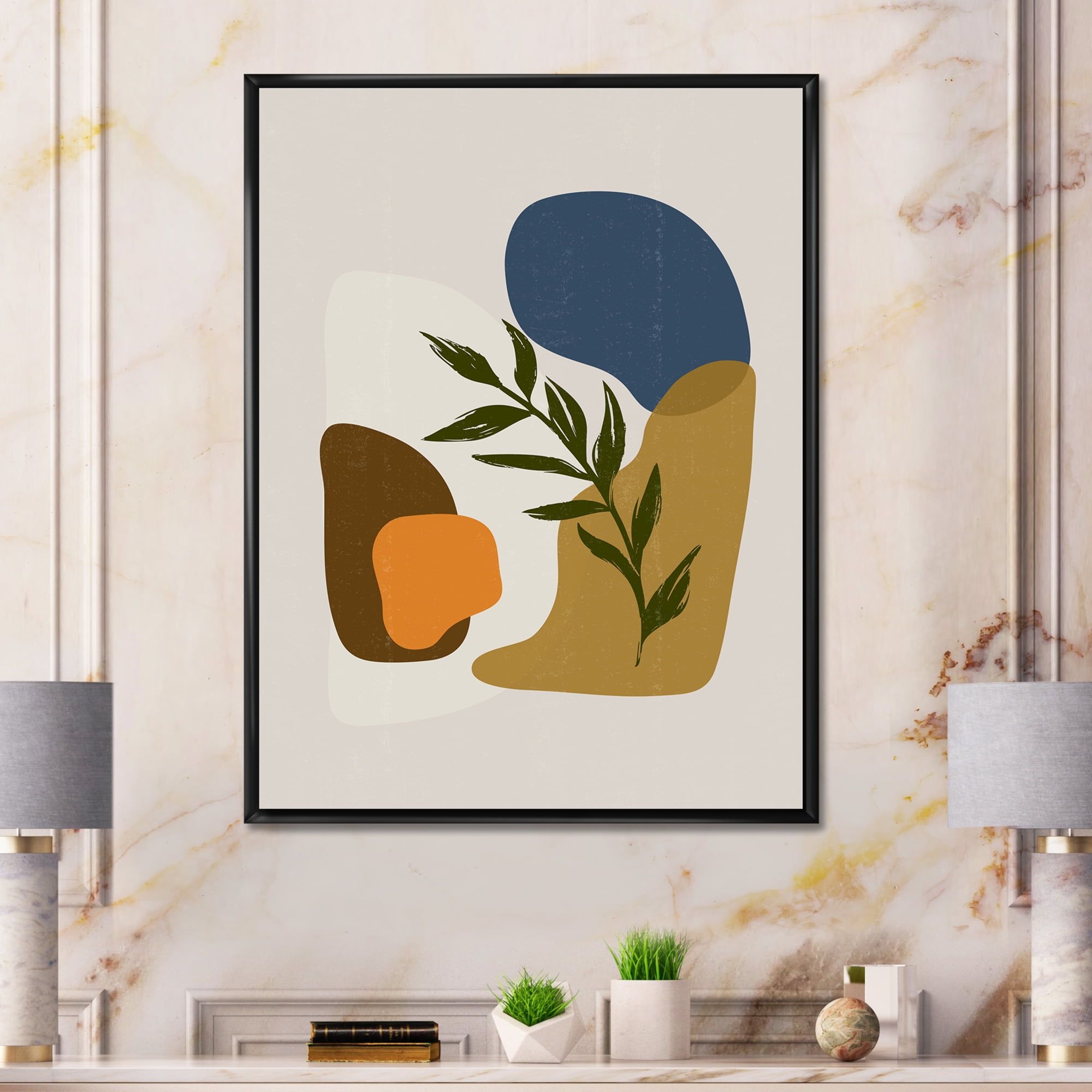 Green Leaf With Botanical Minimalist Shapes 24 in x 32 in Framed Painting Canvas Art Print, by Designart