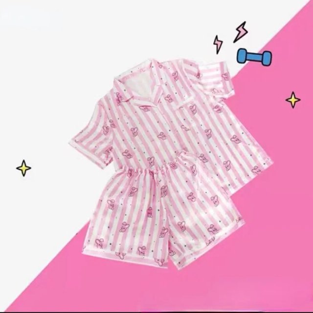 Pijamas a rayas con estampado de dibujos animados para mujer, ropa de dormir Kawaii, ropa de dormir bonita, conjuntos de ropa de estar por casa cómoda, primavera y verano