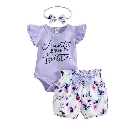 

aturustex Summer 3 Pcs Baby Girl Fashion Set Letter Rib Fly Sleeve Romper Tops and Floral Printed Short Pants with Headband 0-18Months