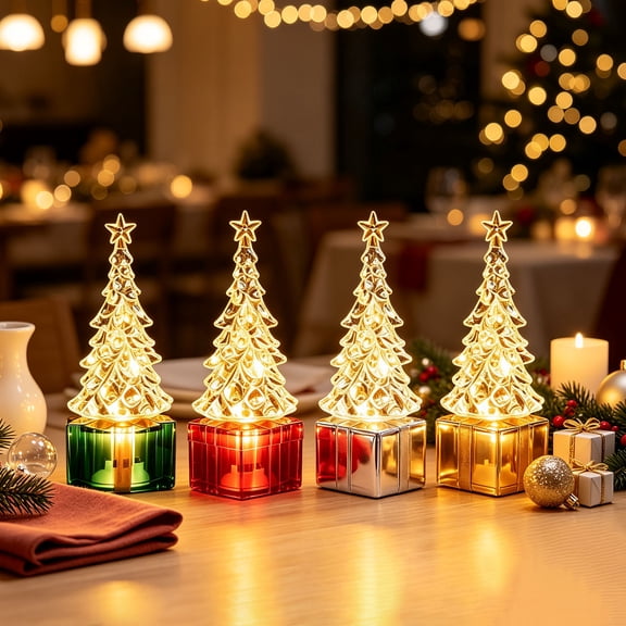 Tyidzon 4in Mini Christmas Tree with Light, Small LED Tabletop Lamp with Gift Box Base for Desk Shelf Mantel Holiday Decor