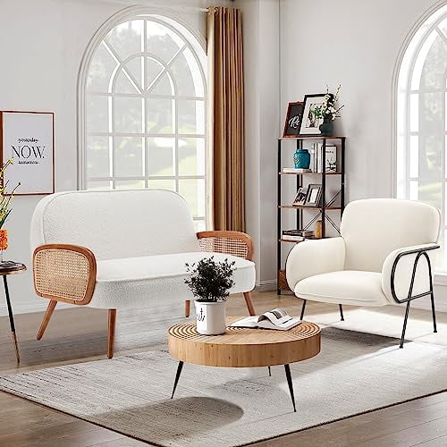 WENTMENT Loveseat Sofa Small Couch for Living Room Teddy Love Seat with Natural Rattan Armrest and Solid Wooden Legs Small Sofa for Small Space, Bedroom, Apartment(White)