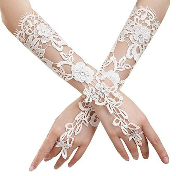 OUNONA Elegant White Wedding Gloves Bride Lace Full Finger Design for Opera Ball and Prom