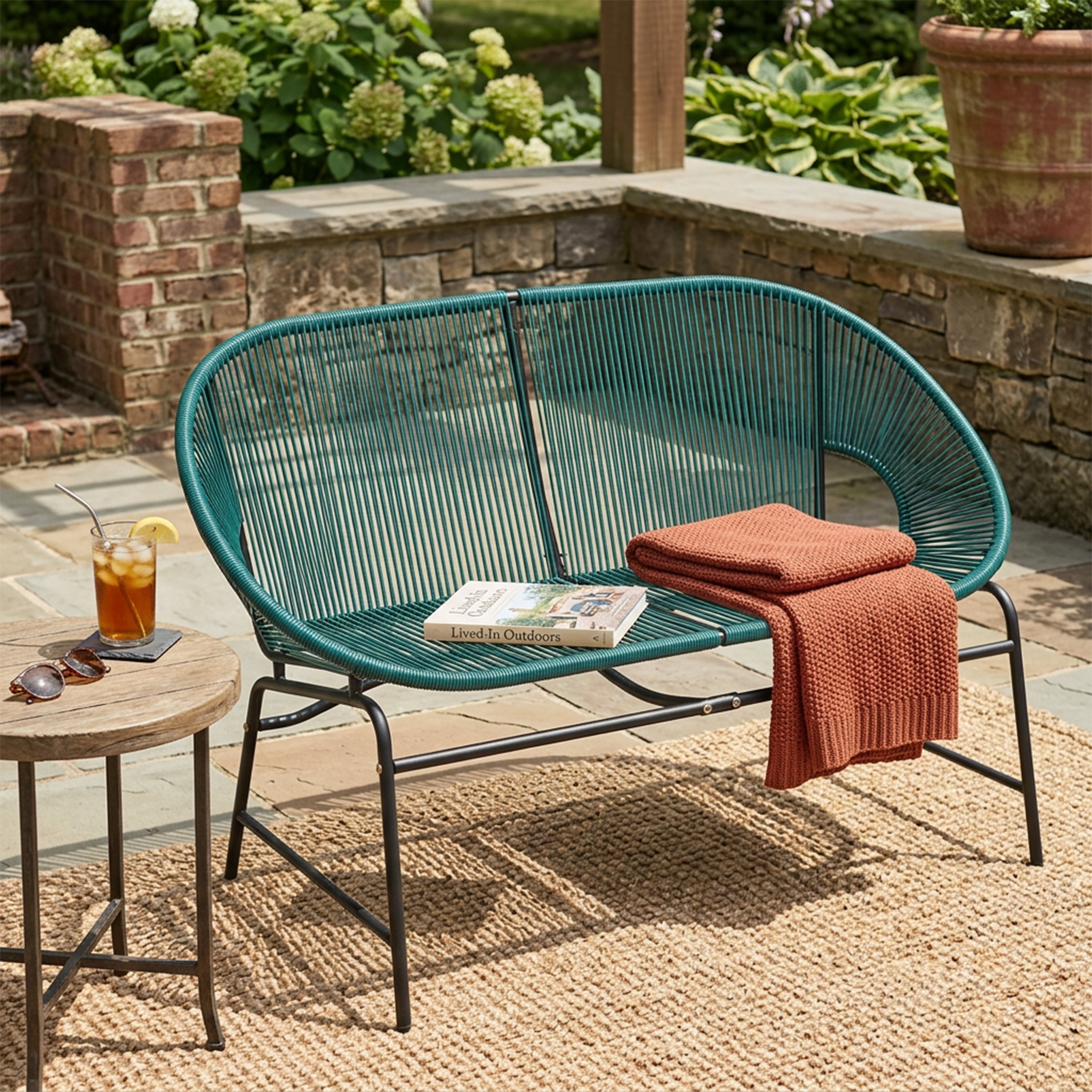 Outdoor PE Rattan Wicker Loveseat with Iron Frame for Porch Garden Balcony, Teal