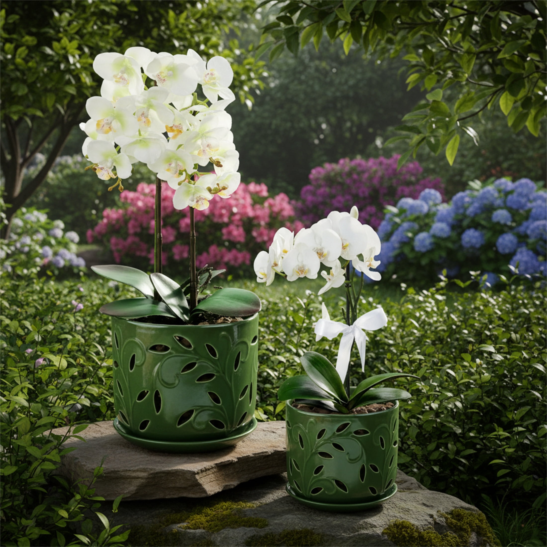 BUYMAX 5" & 6" Ceramic Orchid Pots with Holes and Trays, Leaf Lattice Verdigris Patina, Set of 2