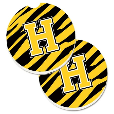 

Carolines Treasures CJ1026-HCARC Monogram Initial H Tiger Stripe - Black Gold Set of 2 Cup Holder Car Coasters Large