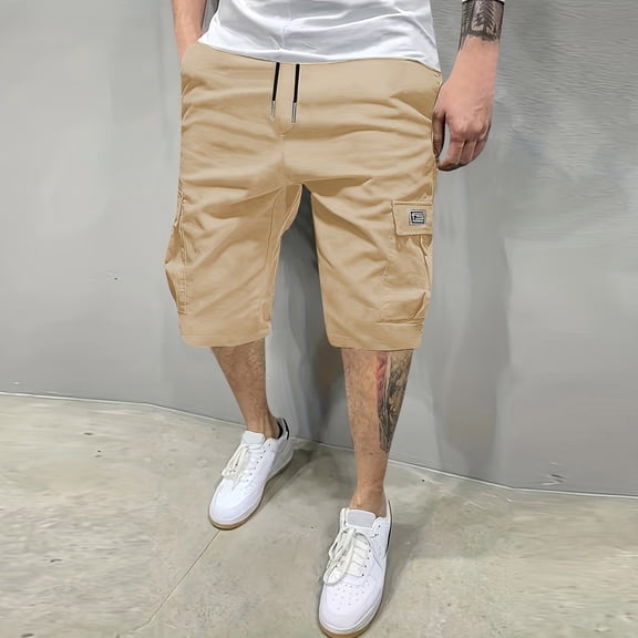 Nestiefly Mens Casual Cotton Twill Cargo Shorts Drawstring Elastic Waist Classic Chino Stretch Short with Pockets Khaki XL