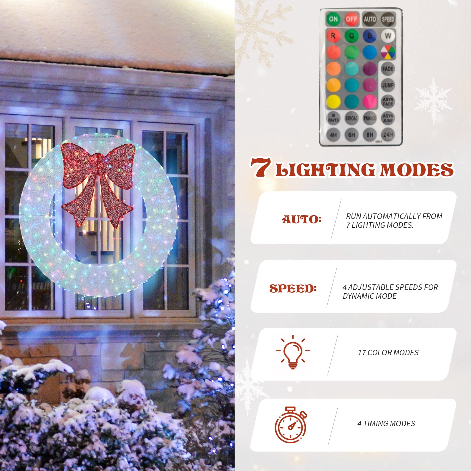 36in Pre-lit Outdoor Christmas Wreath Decoration, Lighted Metal Wreath with Red Bow, Remote Control LED Lights with Timer, for Front Door Gate Wall Indoor Outdoor Holiday Party, White