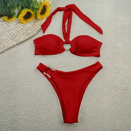POROPL Womens 2 Piece Swimsuits Fashion Bikini Halter Top Bandeau Swim Red Size S-XL