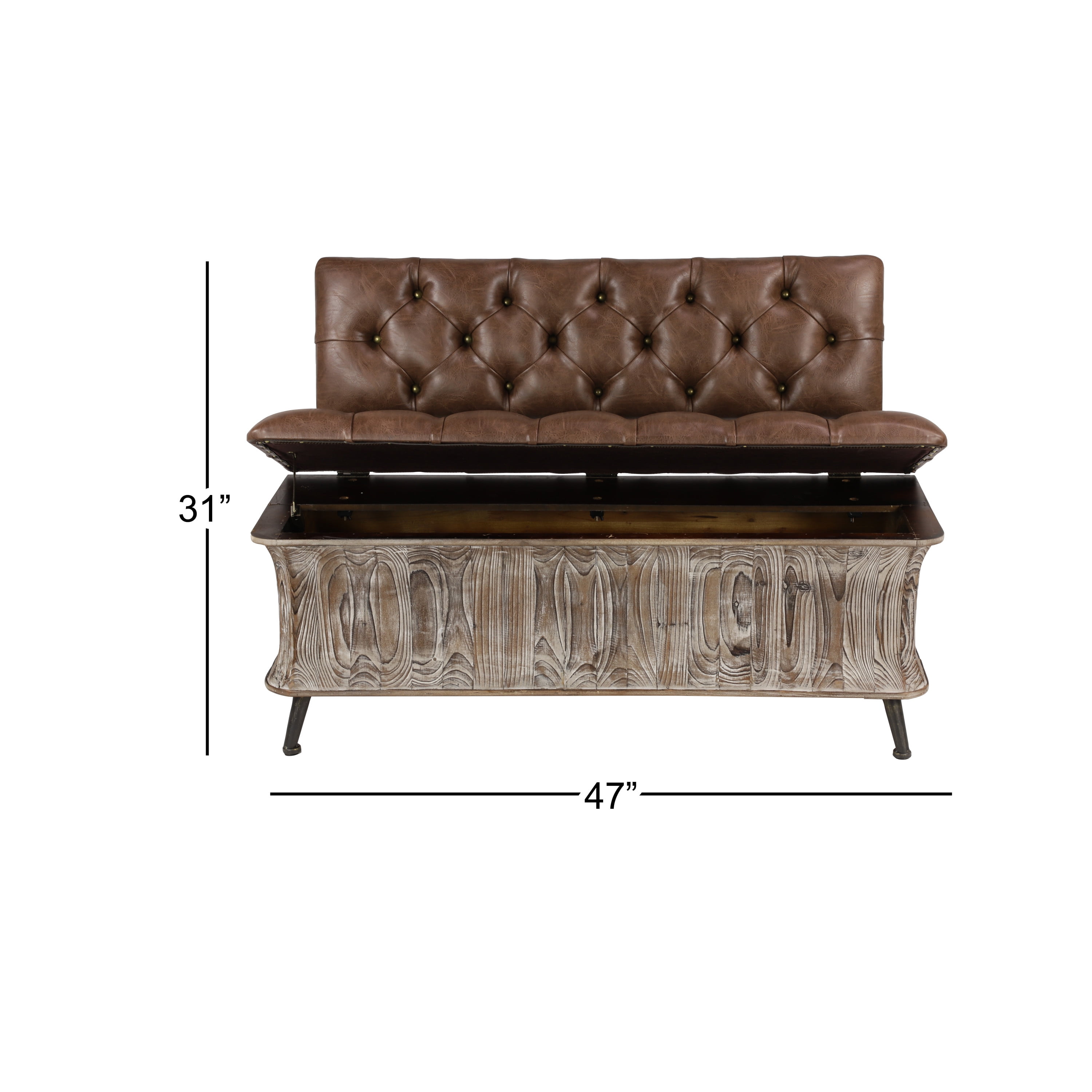 DecMode Wood Storage Bench with Tufted Faux Leather Seat and Back, Brown