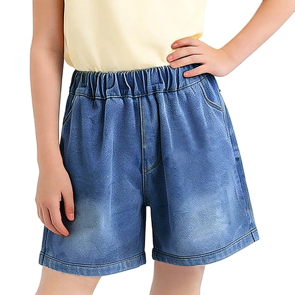 Cethrio Girls Denim Shorts Size 10-12, Summer School Elastic Waist Relaxed Fit Kids Jean Shorts Blue Size 10