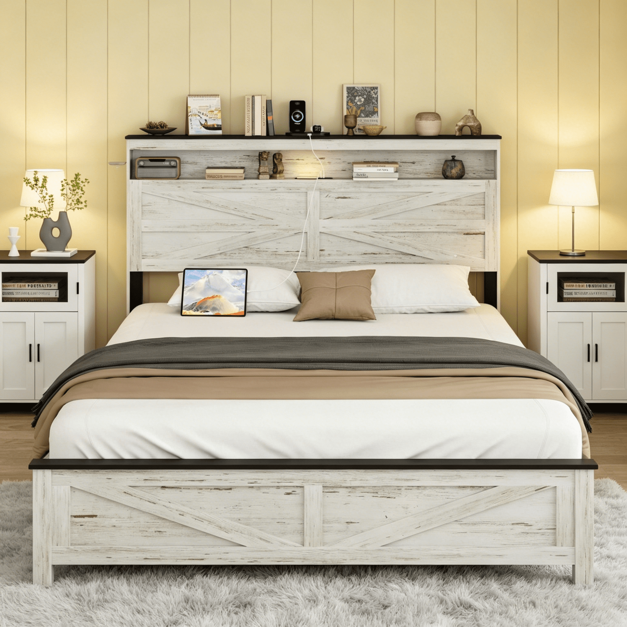 Gewnee Queen Size Bed Frame with Charging Station – 2 USB & 1 Type-C Ports,LED Light Headboard,Hidden Under-Bed Storage,No Box Spring Required,Antique White+Gray.