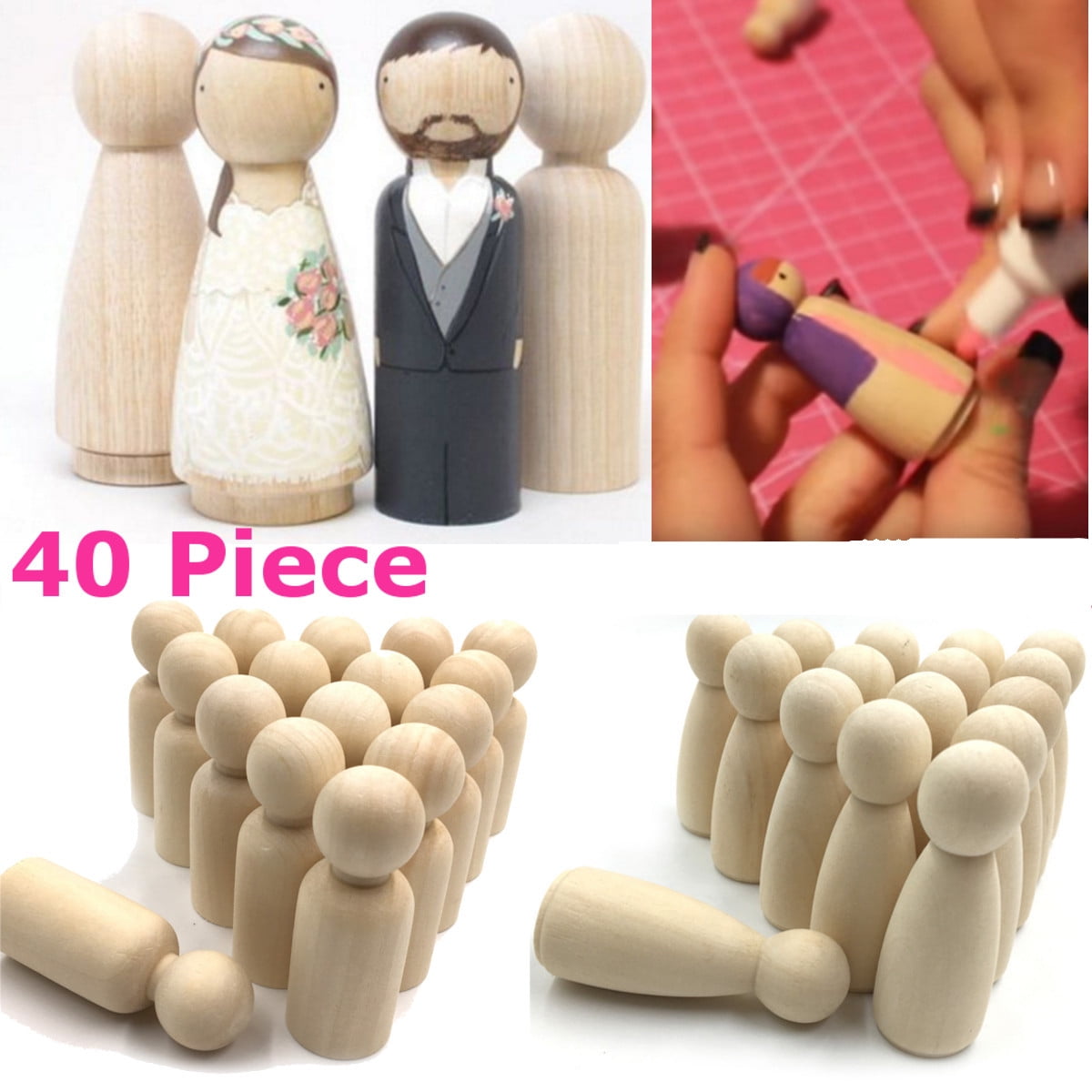 Natural Wood Peg Doll People Bodies 20x Male+20x Female DIY Wooden Crafts 35mm