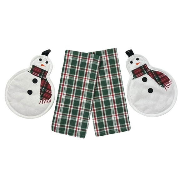 Serafina Home Holiday Christmas Kitchen Towels Pot Holder Set: Snowmen With Tartan Towels