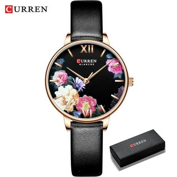 Curren Beautiful Flower Design Watches Women Fashion Casual Leather Wristwatch Ladies Watch Female Clock Women's Quartz Watch - Quartz Wristwatches