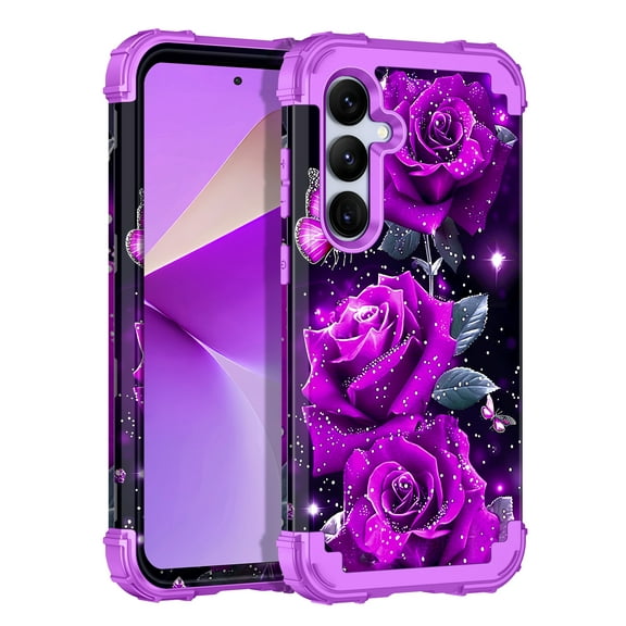 Casetego for Samsung Galaxy S24 Plus 5G Case,Glow in The Dark Three Layer Heavy Duty Shockproof Protection Hard Plastic Bumper Soft Silicone Protective 6.7 inch Case,Deep Purple Rose