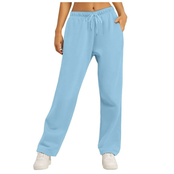 GEWSEY Women's Wide Leg Sweatpants Fleece Lined Baggy Straight Leg Lounge Pants Fall Outfits Athletic Joggers with Pockets (Light Blue, 3XL)