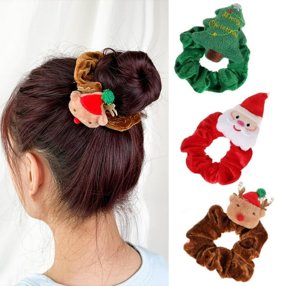 3PCS Christmas Hair Scrunchies, Silk Elastic Hair Ties with Christmas tree Santa Claus Elk, Red Green Brown Hair Bands Xmas Ponytail Holders for Women Girls