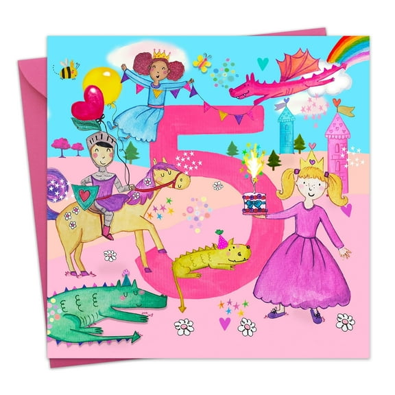 Twizler 5th Birthday Card for Girls - Princesses & Dragons - Age 5 Year Old Childrens Happy Birthday Card for Kids