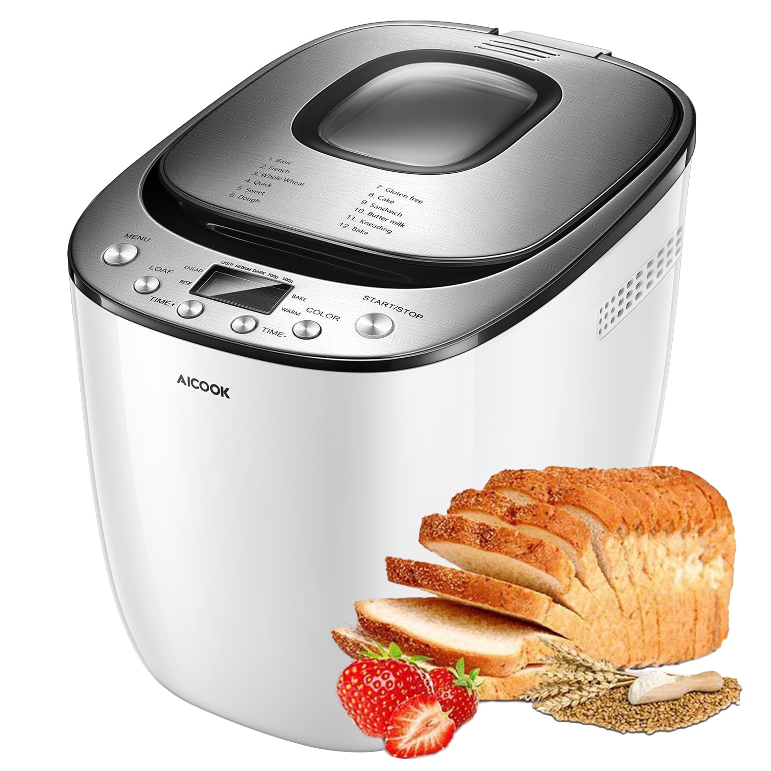 AICOOK Bread Maker, 17 Setting(12 Program, 3 Crust Color & 2 Loaf