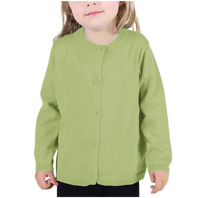 Économies d'Automne! HVOBTTY Cardigan à Manches Longues Ouvert pour Filles, Cardigan à Col Rond pour Filles Uni à Manches Longues avec Boutons, Chandail d'Uniforme pour Petites Filles Vert, 3 Ans