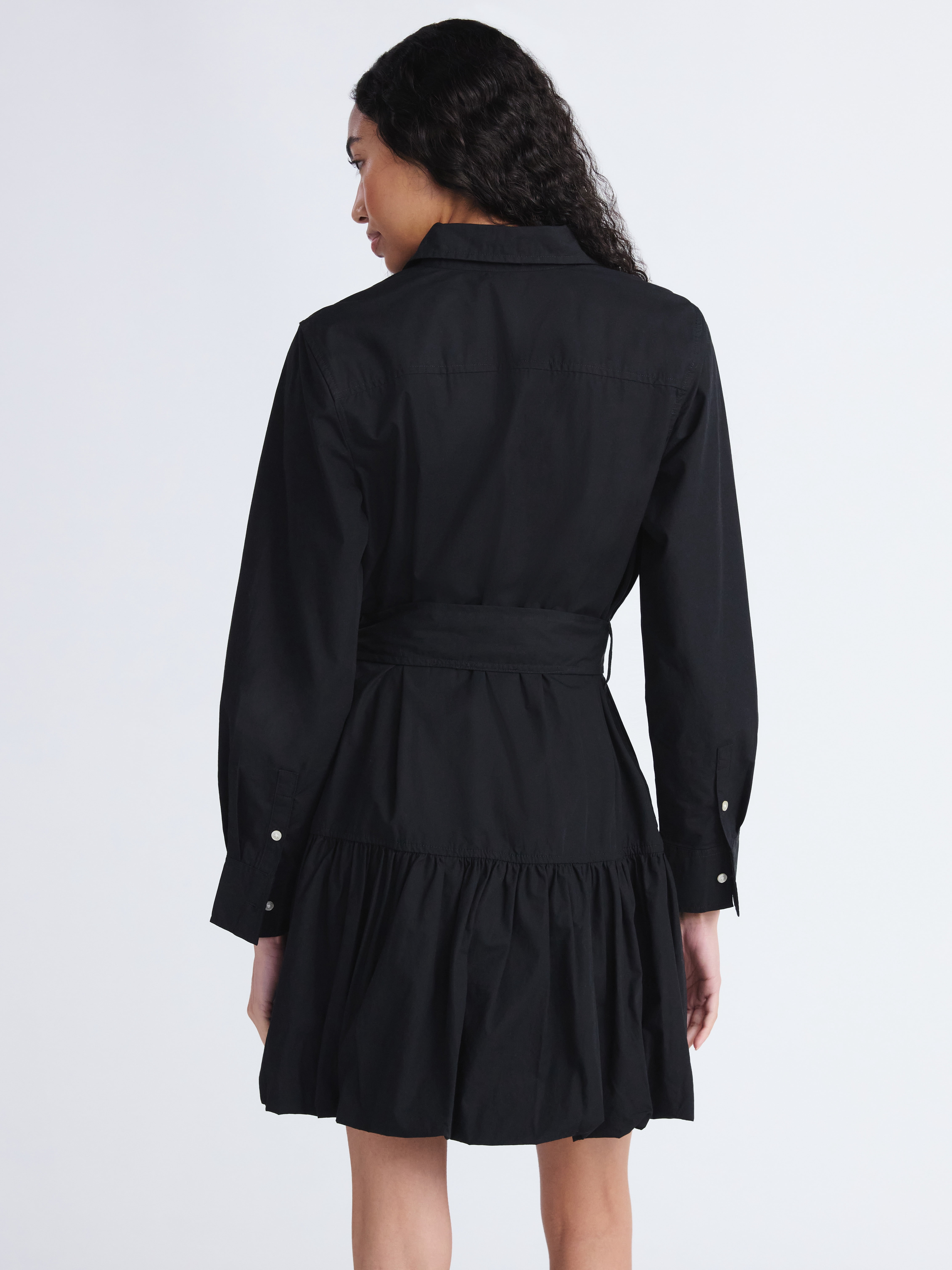 Free Assembly Women's Belted Bubble Hem Cotton Mini Dress with Long Sleeves, Sizes XS-XXL