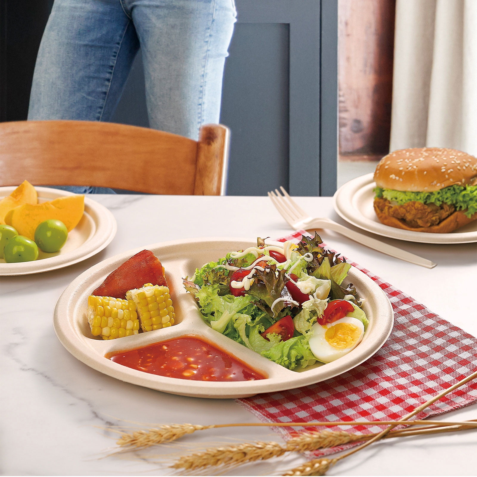 Compostable Paper Plates 10 Inch Heavy-Duty Plates 125 Pack Disposable Divided Plates Eco-Friendly Recycled Plates Compartment, Made of Natural Sugarcane Fibers