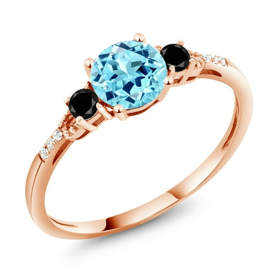 Gem Stone King 10K Rose Gold Blue Apatite Black Diamond and White Diamond Accent 3-Stone Engagement Ring for Women (0.99 Cttw, Round 6MM, Gemstone Birthstone, Size 5)
