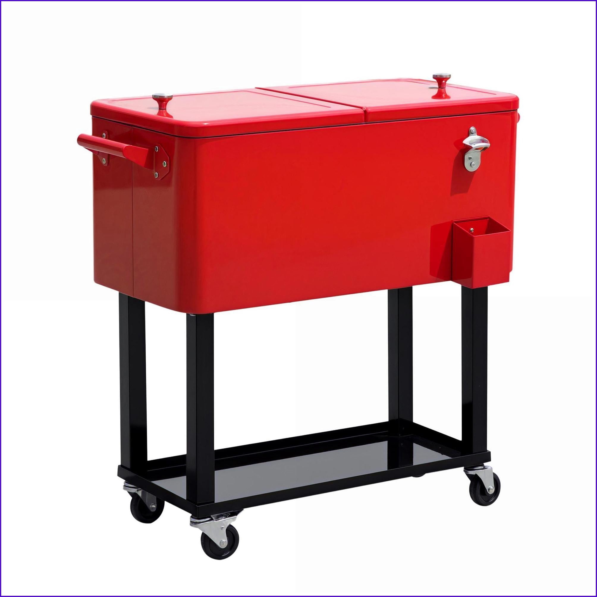 Rolling Ice Chest on Wheels | 80 Quart Cooling Bin, Built-in Bottle Opener, for Outdoor Backyard Pool Patio | Burgundy Red