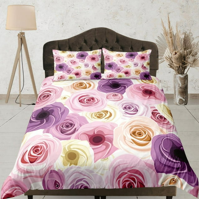 Rosas Rosas Juego de Funda Nórdica Colorido Colcha, Floral Girly Dormitorio Ropa de cama