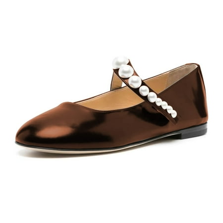 XYD Women Mary Jane Flats Multi-sized Pearls Cute Round Toe Comfort Slip On School Casual Ballet Shoes Size 5 Brown