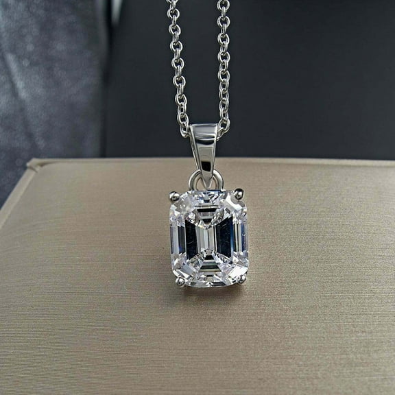 3Ct Emerald Cut Diamond Solitaire Pendant Solid 14K White Gold Finish Free Chain