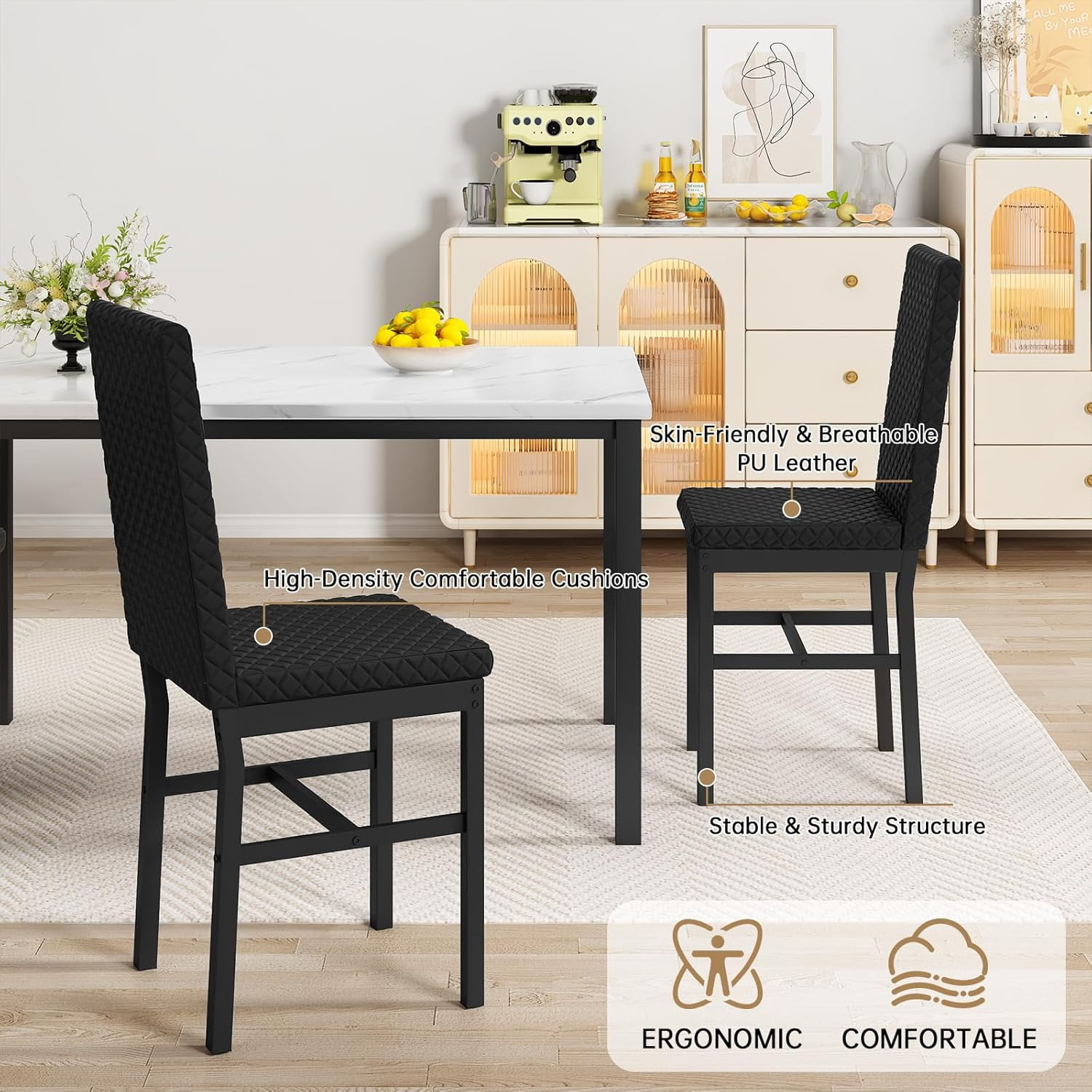 Baxluxe Dining Table Set for 4, Modern 5 Piece Dining Table Set, Faux Marble Kitchen Table and 4 Velvet Upholstered Chairs for Apartments, Dining Rooms, Small Spaces, White/Black