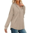 thumbnail image 3 of WTOBBY Women's Fashion Solid Color Long Sleeve Hooded V-Neck Casual Sweatshirt Top, Comfortable Pullover with Hood for Everyday Use, Trendy Apparel for Lounge and Street Style,Khaki L, 3 of 6