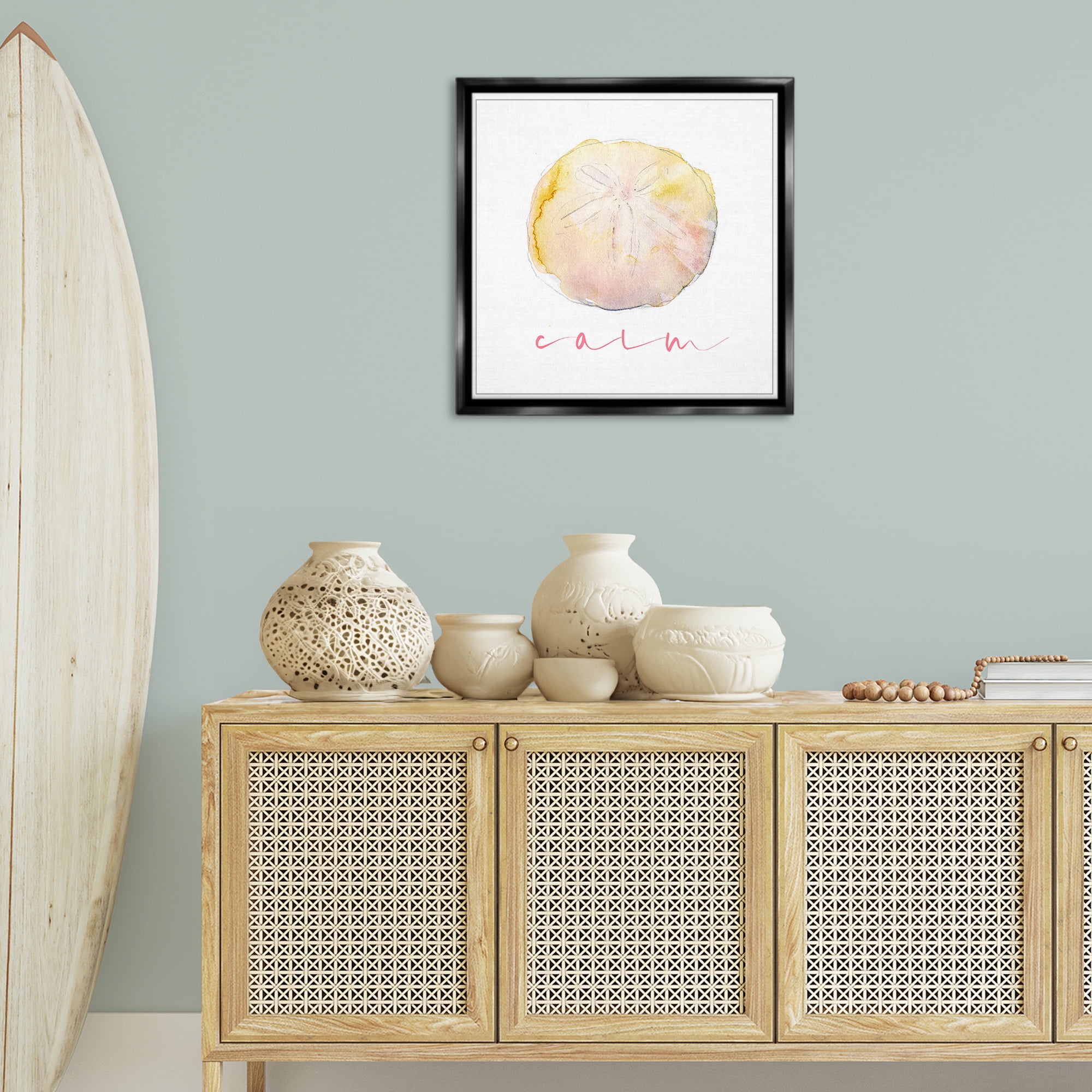 Stupell Industries Sand Dollar Calm Phrase Nautical & Beach Painting Black Floater Framed Canvas Art Print Wall Art, 25 x 25