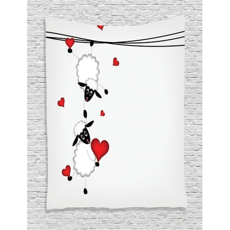 Sheep Tapestry - Animal Decor Wall Hanging Tapestry, Sheep Couple With Heart Shapes In Love Hanging On Washing Line Fun Comic Cartoon Art, Bedroom Living Room Dorm Accessories, By Ambesonne