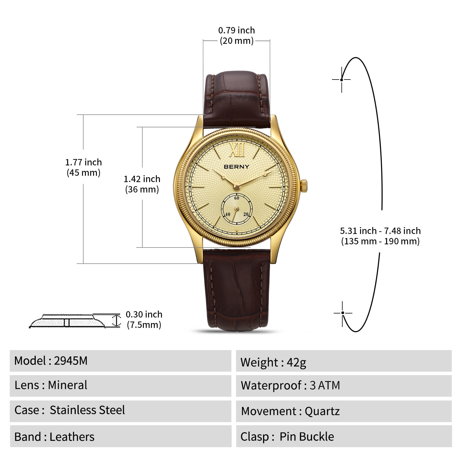 BERNY Watches for Men, Ultra-Thin Minimalist Leather Watch, Stainless Steel Case, Waterproof Analog Quartz Watch, Business Dress Watches with Small Seconds (Gold)