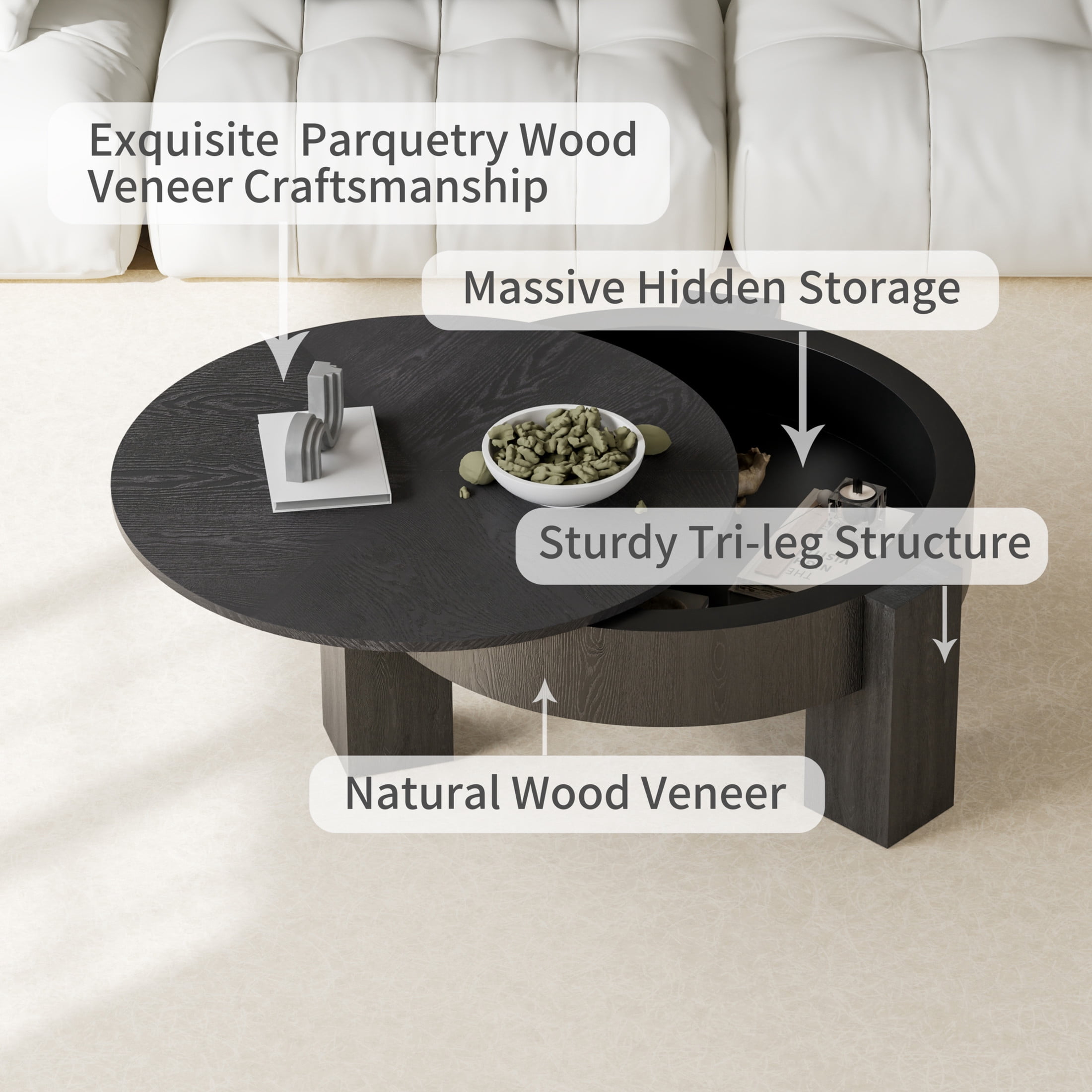 Noble House Lira 33" Round Coffee Table with Hidden Storage, Sturdy Accent Table for Living Room, Small Space, Black