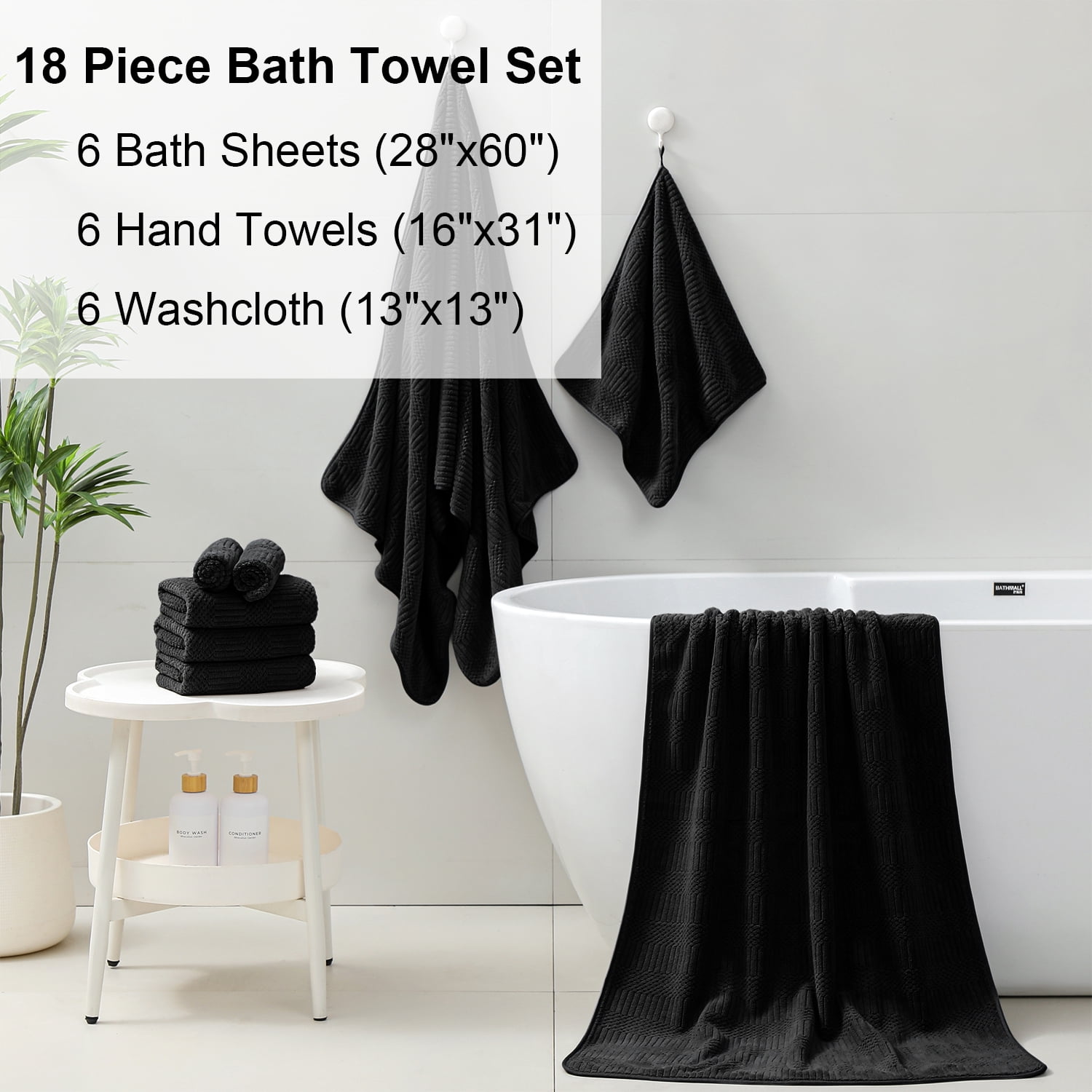 Beartech 18 Piece Bath Towel Set-6 Bath Sheet,6 Hand Towel,6 Washcloths Ultra Soft Microfiber Towels,Luxury Shower Towel,Quick-Dry & Highly Absorbent Bathroom Towels for Family,Hotel Spa-Black