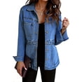 thumbnail image 3 of Women's turn Down Collar Solid Color Casual Denim Jacket with Open Front Daily Wear, 3 of 6