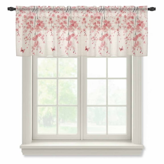 Pink Floral Blossom Valance Curtains for Kitchen/Living Room/Bathroom/Bedroom Window, Rod Pocket Small Topper Half Short Window Curtains Voile Sheer Scarf, Spring Pastoral Botanical Vintage 54"x18"
