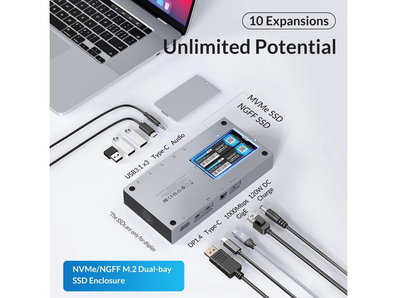 ORICO Laptop Dock Station with Dual Bay M.2 NVMe NGFF Enclosure 40Gbps USB C Docking Station Dual Monitor USB C HUB with 60W Power Delivery, Display 8K@60Hz, Dual 4K, Gigabit Ethernet