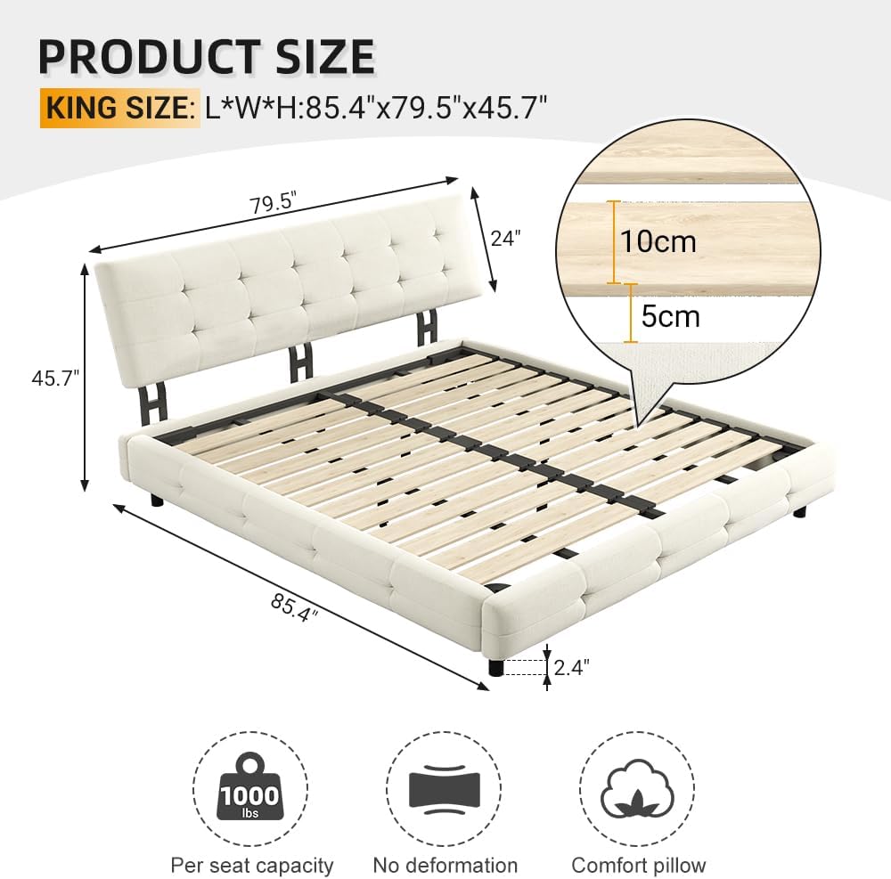King Size Platform Bed Frame, Upholstered Chenille Tufted Headboard, Heavy Duty Metal, Wood Slat Support, Mattress Foundation, No Box Spring Needed, Noise-Free, Easy Assembly, Bedroom, Beige