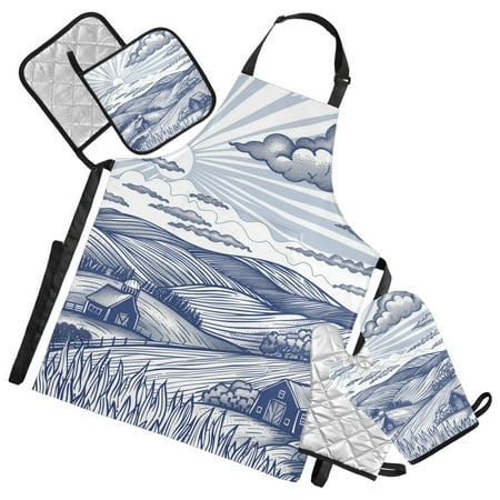 Hand Drawn Farm House 5 Pcs Kitchen Set Heat Resistant Oven Mitts and Non-Slip Pot Holders with Adjustable Cooking Apron