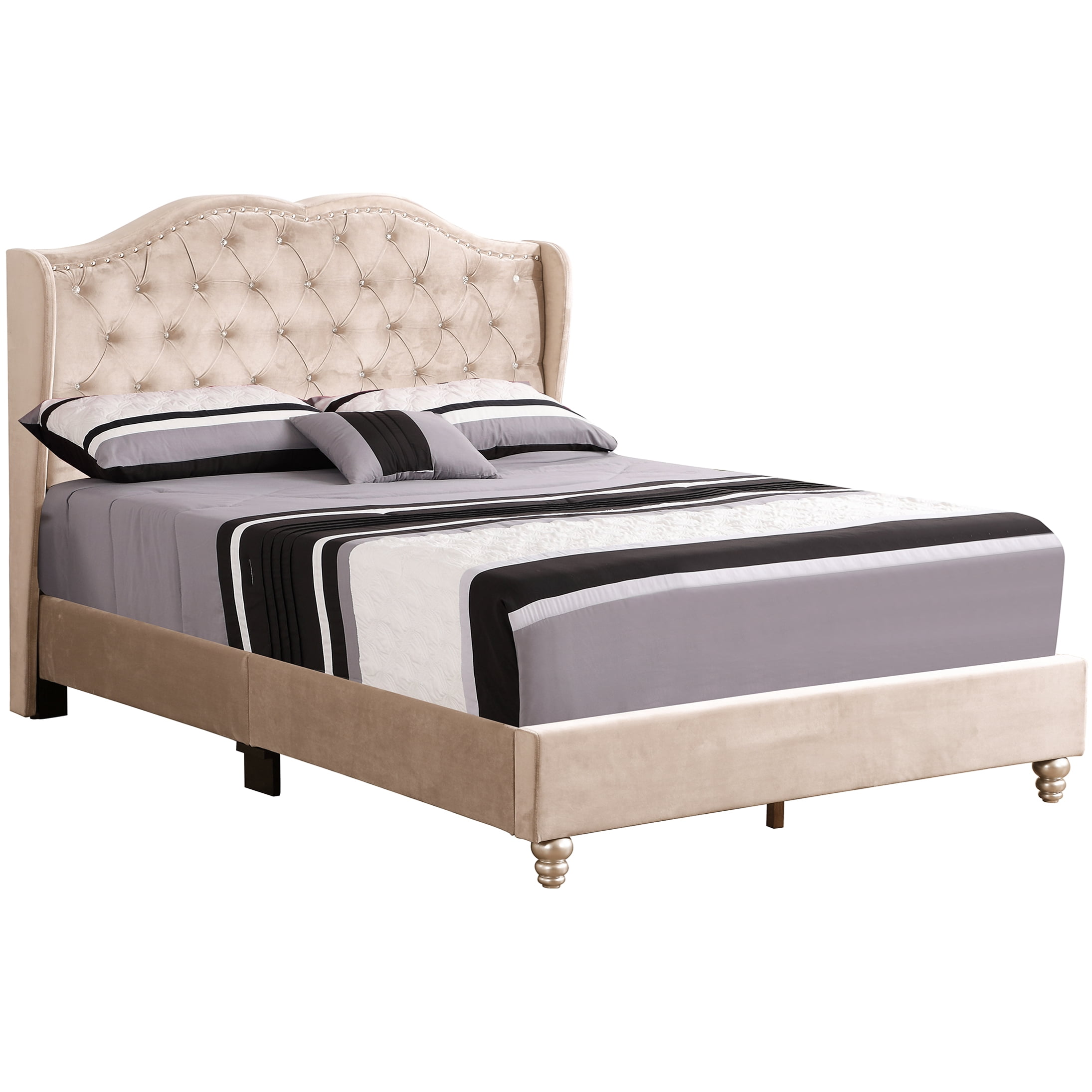 Beige Velvet Upholstered Queen Size Bed Frame with Platform Base and Tufted Headboard, No Box Spring Needed, Easy Assembly Modern Bedroom Furniture