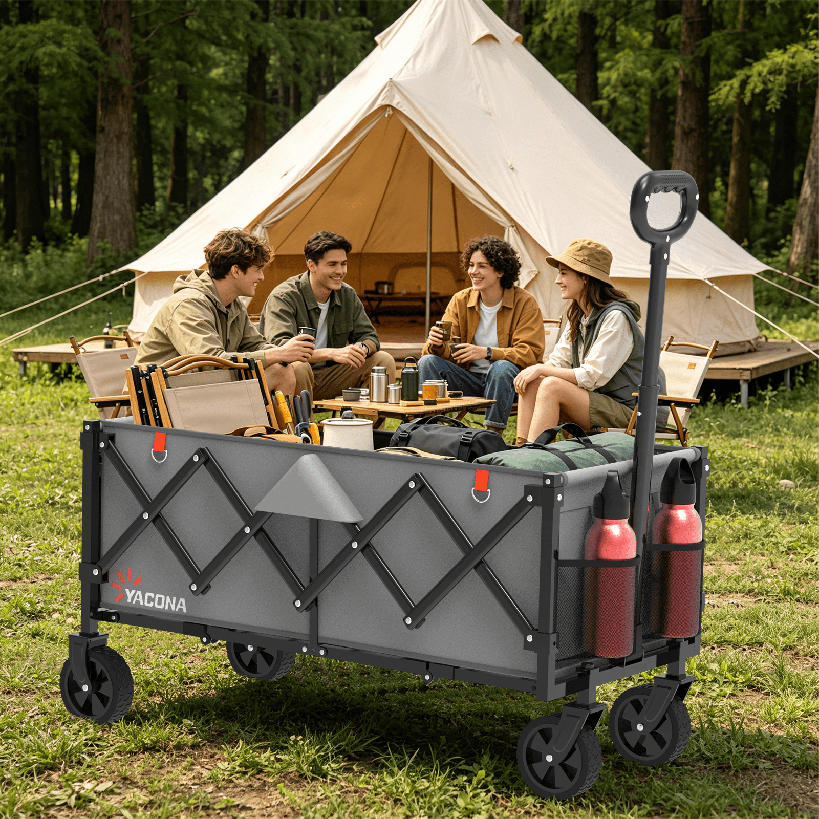 Yacona 35" L Extra Long Wagons Carts Foldable, 180L Capacity Beach Wagon, Heavy Duty Rolling Cart with Wheels, Gray